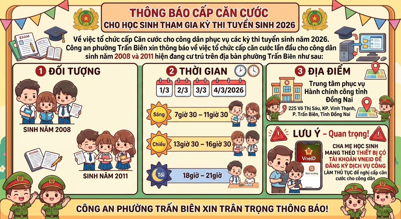 Thông báo về việc tổ chức cấp Căn cước cho công dân  phục vụ các kỳ thi tuyển sinh năm 2026